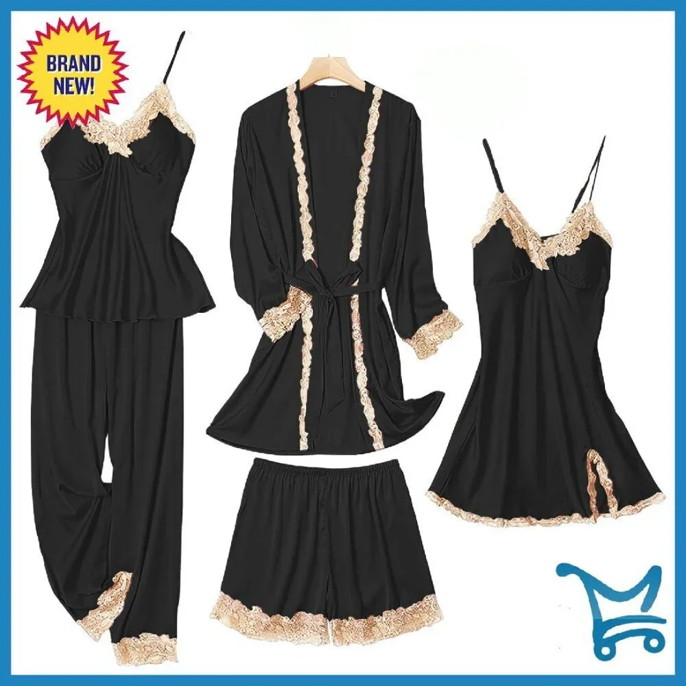 Silk Pajama Set 5-Piece Sleepwear Loungewear Satin Soft